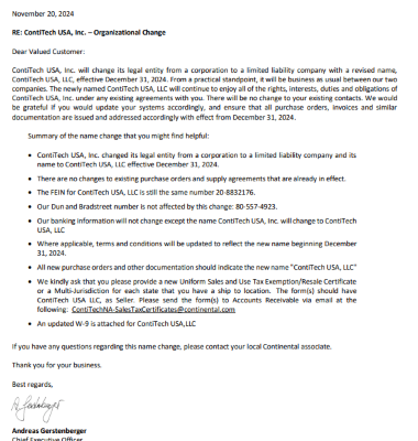 Continental ContiTech USA, Inc. - Cambio organizativo, noviembre de 2024