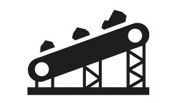 Diagrama de icono de construcción de carcasa y tela flexible de una cinta transportadora industrial que mueve rocas con cargas de material pesado.