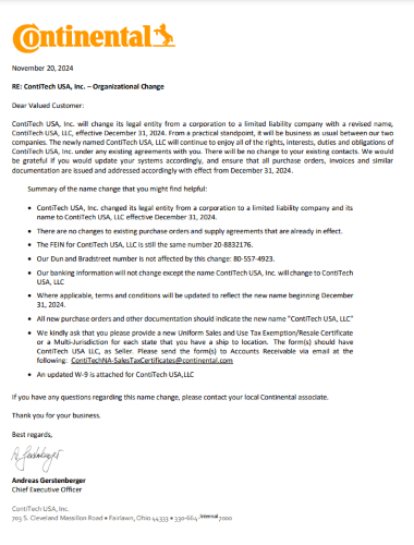 Cambio organizativo de ContiTech Noviembre 2024